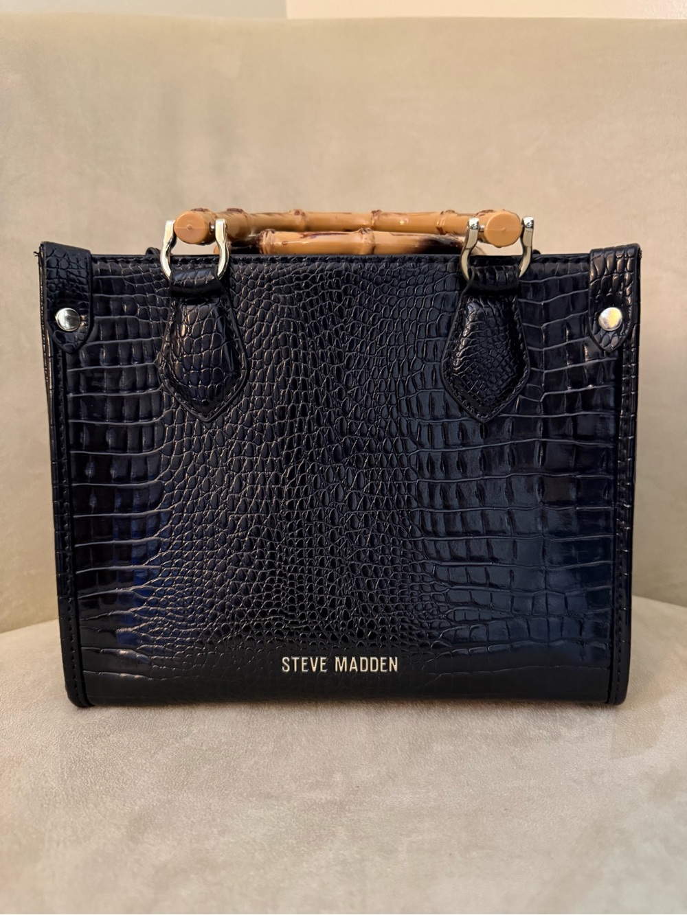 Steve Madden Black Bronko Croc-Embossed Handbag with Bamboo Handles